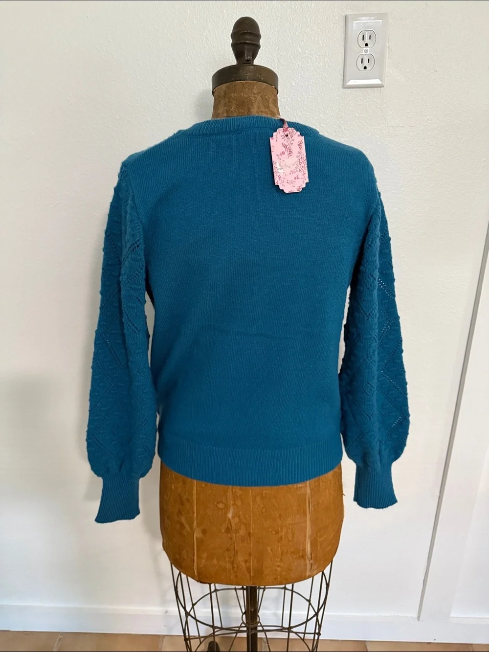 NWT Nanette Lepore Teal Pointelle Balloon-Sleeve Sweater - Sizes L & XL